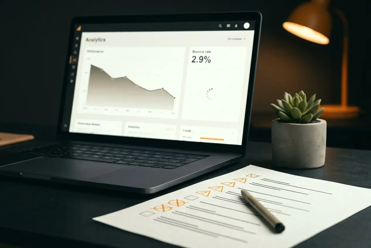 Signály že web potrebuje redizajn – analytický dashboard s klesajúcim grafom výkonnosti a vysokou mierou okamžitých odchodov 2,9 %