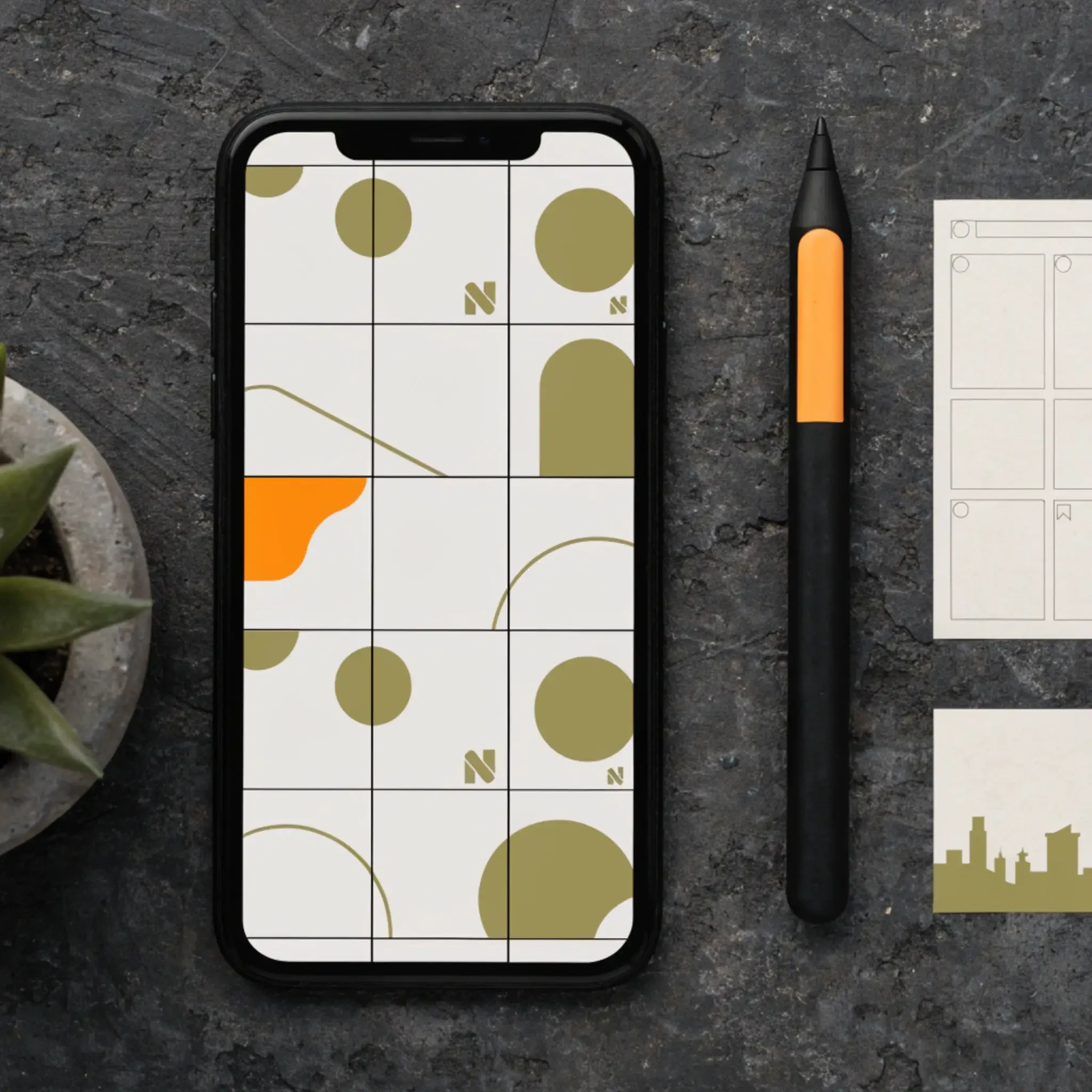 Grafické šablóny pre sociálne siete v Nitre – konzistentný Instagram feed dizajn s olivovou a oranžovou paletou, Wacom stylus a šablóny príspevkov