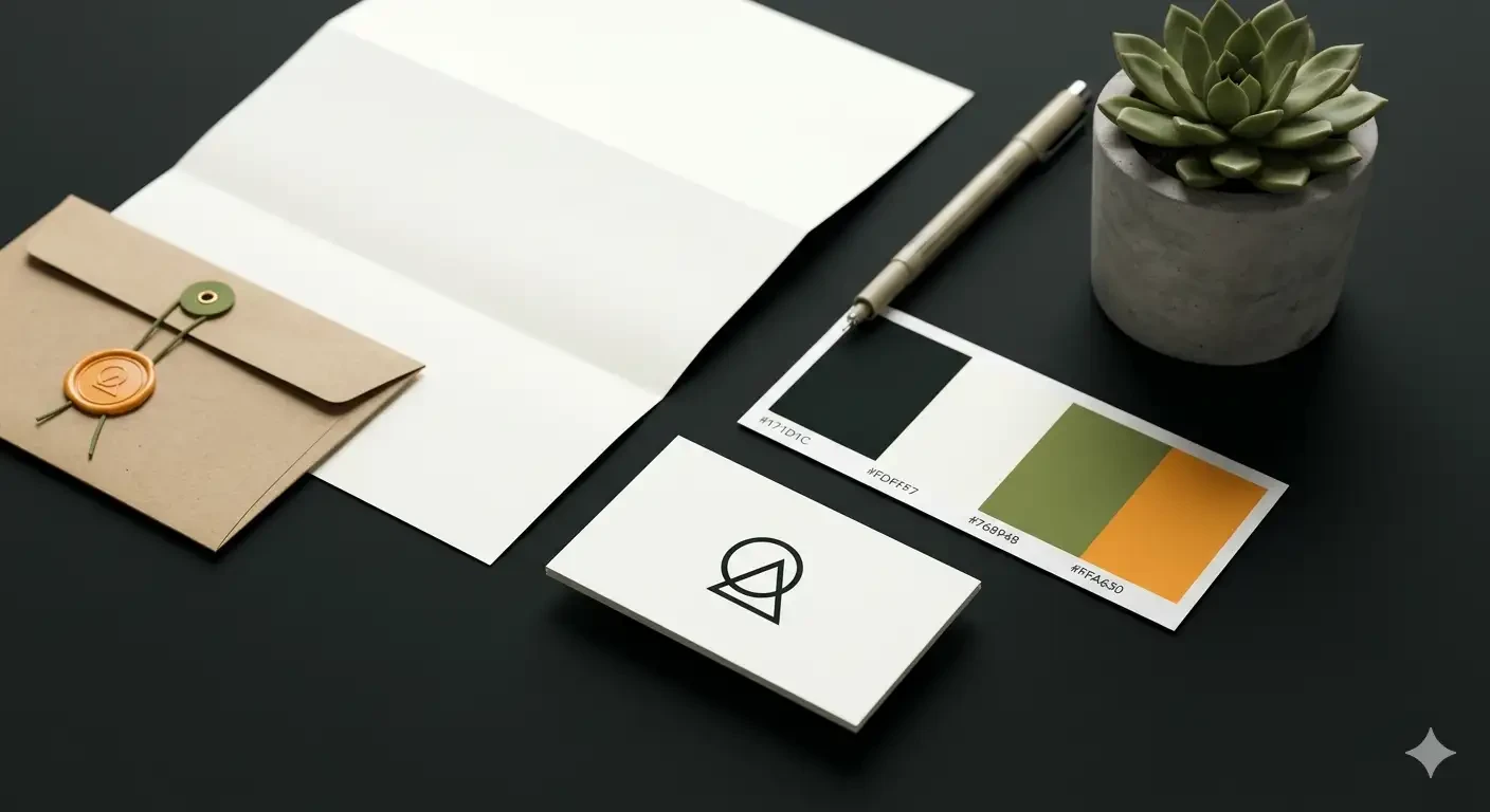Logo a vizuálna identita firmy – vizitka s geometrickým logom, farebná paleta značky, obálka s voskovým pečaťou a hlavičkový papier
