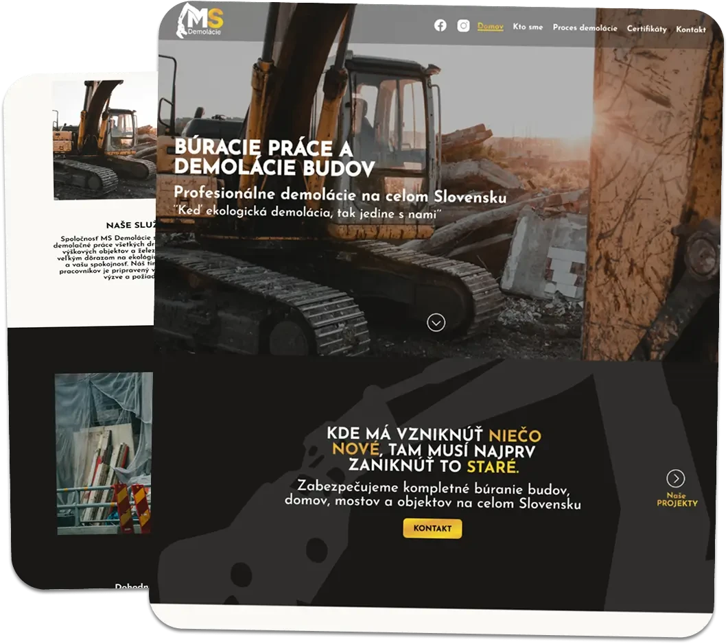 Webová stránka MS Demolácie – onepage web s vizuálnou identitou pre demolačnú firmu na Slovensku