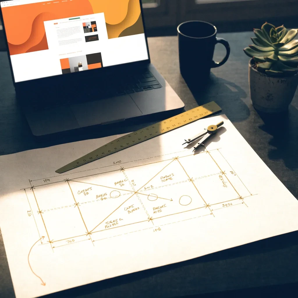 Technický blueprint webu s presnými mierami — tvorba web stránok Šaľa