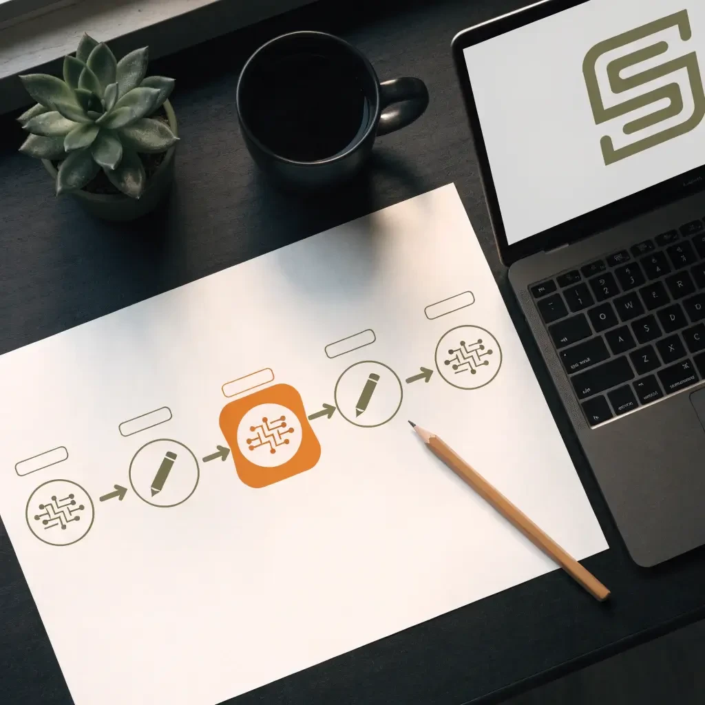 Vytlačený päťkrokový diagram dizajnového procesu striedajúci AI ikony a symbol ceruzky, na stole pri notebooku s logom