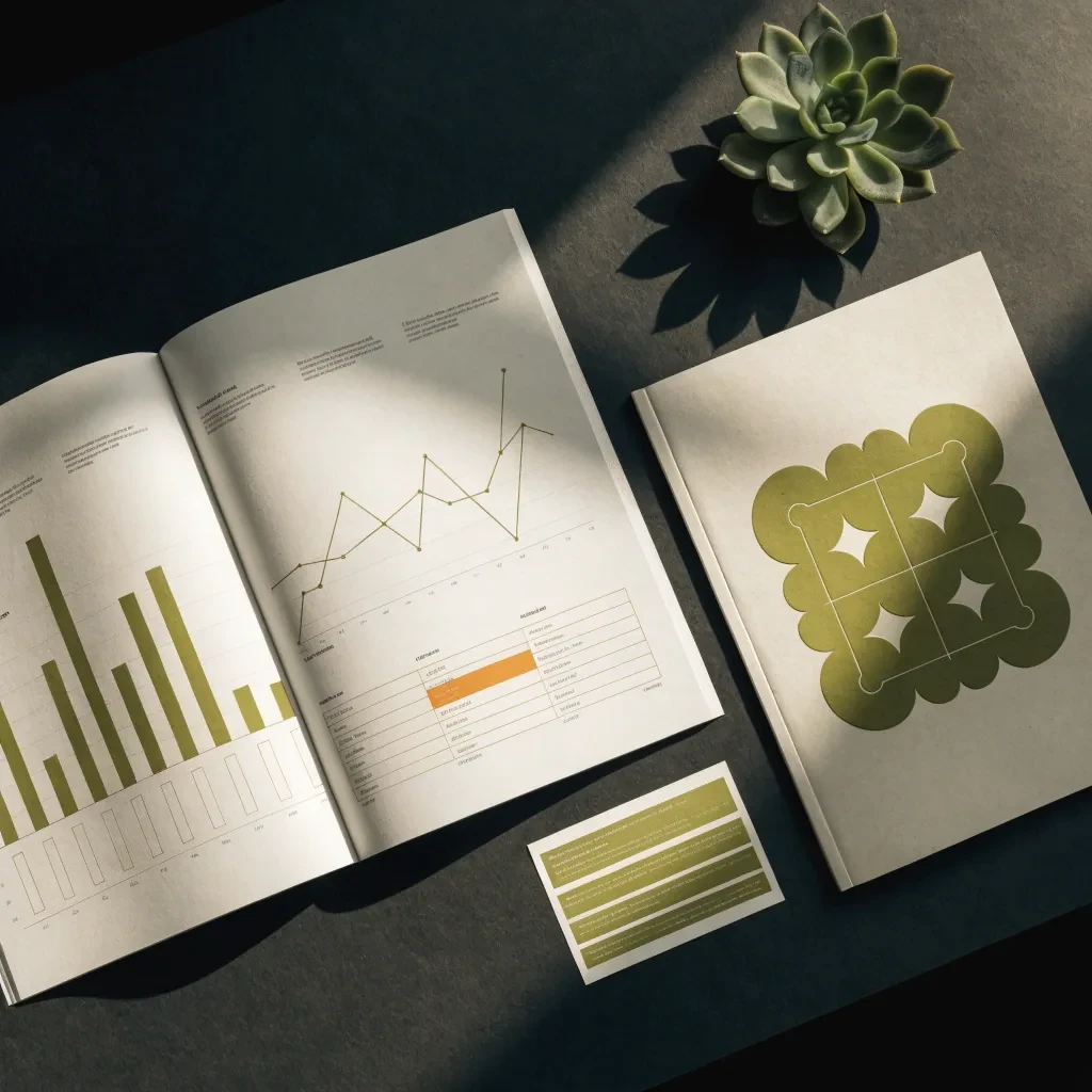 Otvorený annual report s data spreadmi a infografikou — tlačoviny Šaľa