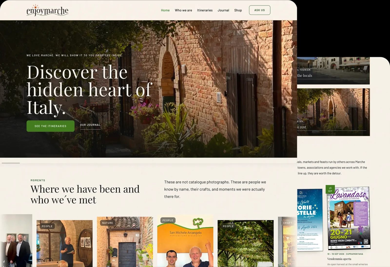 Web Enjoy Marche — domovská stránka s hero fotkou talianskej uličky, nadpisom „Discover the hidden heart of Italy“ a sekciou fotografií z regiónu Marche