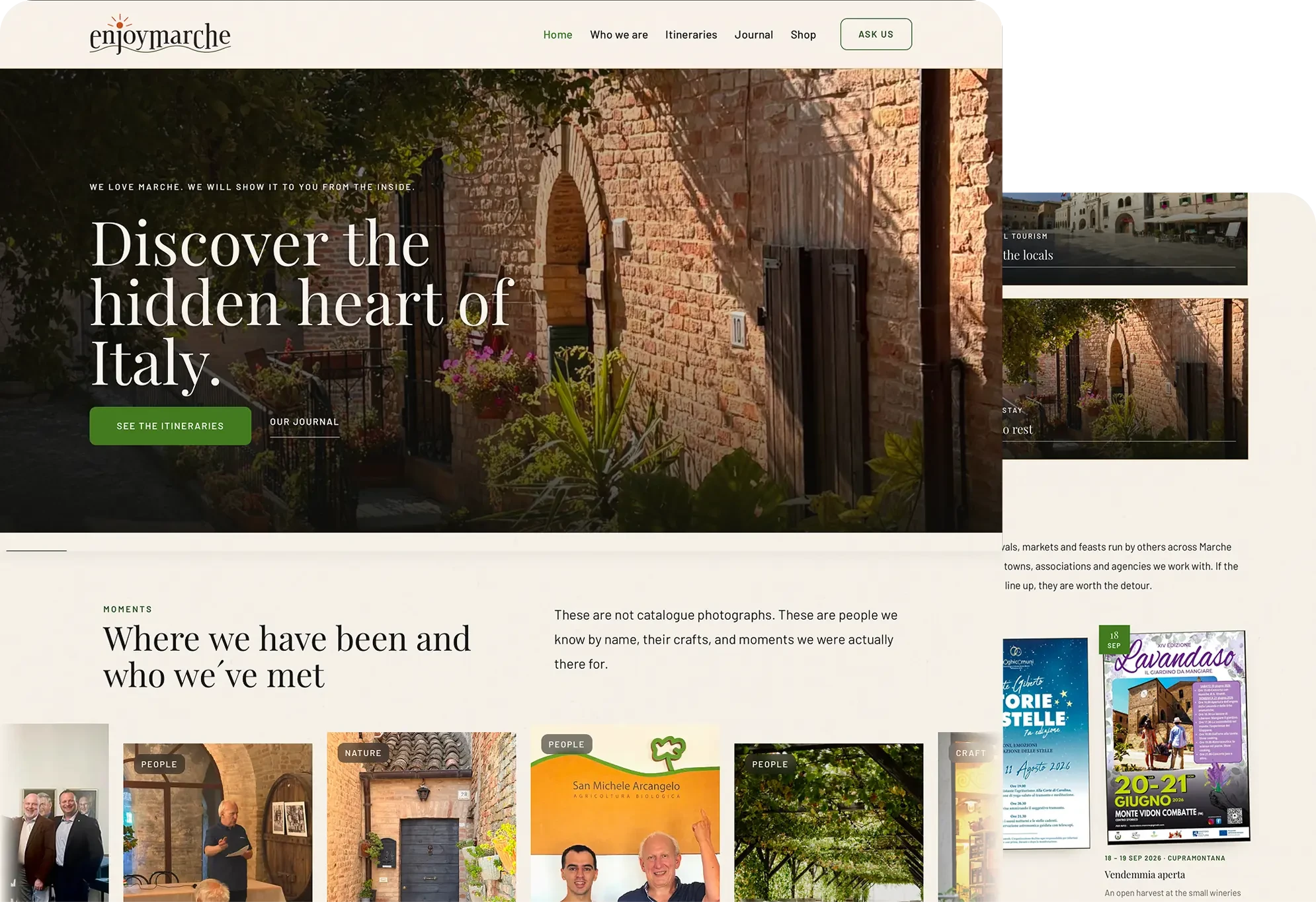 Web Enjoy Marche — domovská stránka s hero fotkou talianskej uličky, nadpisom „Discover the hidden heart of Italy“ a sekciou fotografií z regiónu Marche