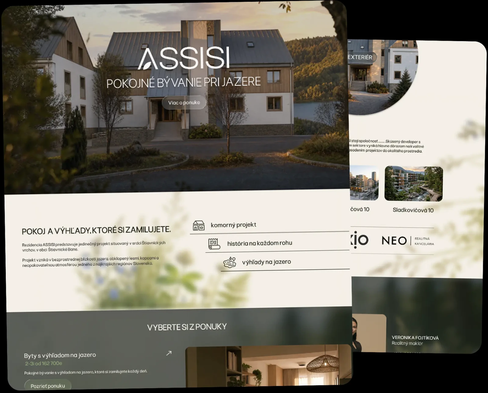 Podstránky dizajnu webu ASSISI — ponuka bytov s výhľadom na jazero, predstavenie developera a kontakt na realitného makléra