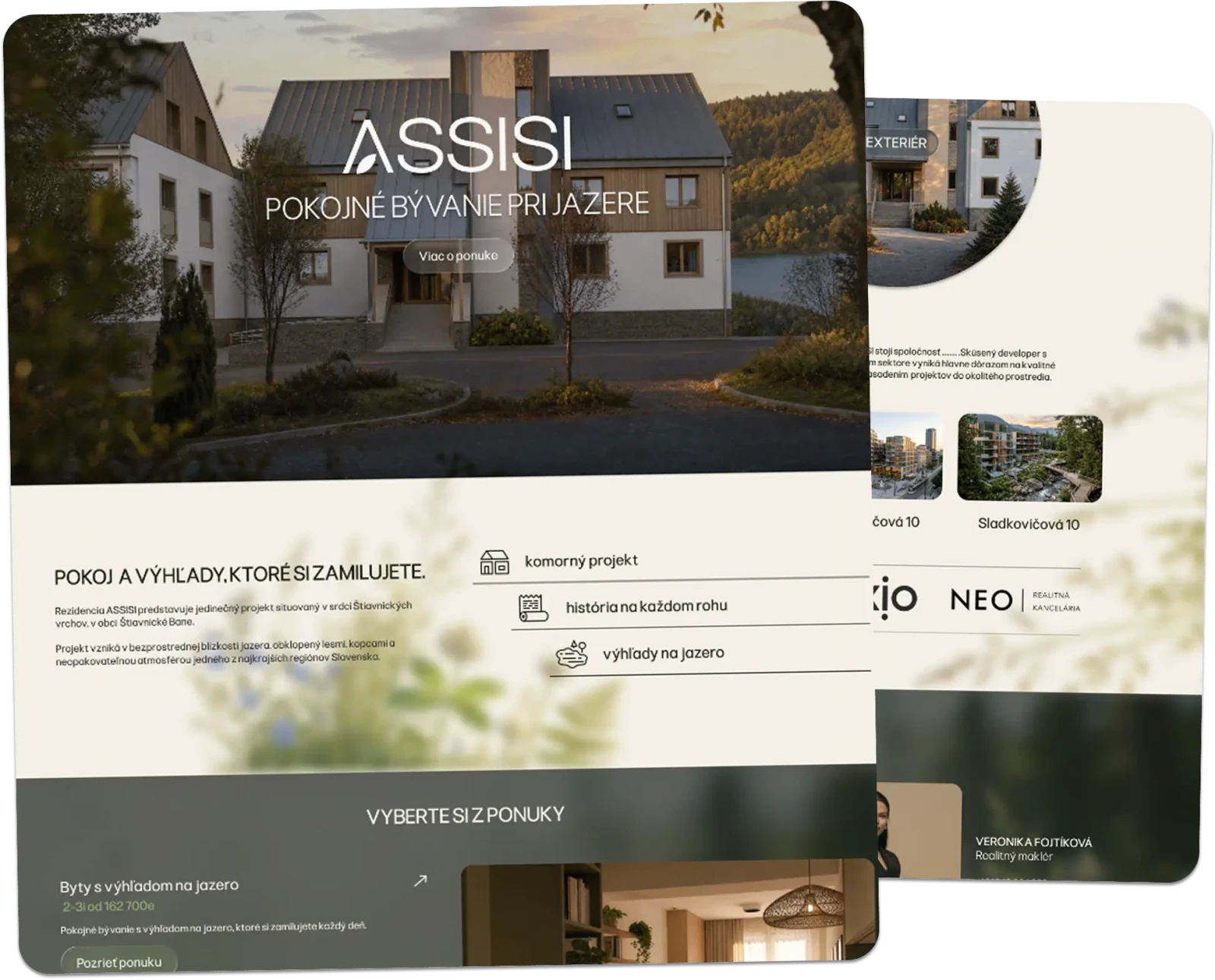Podstránky dizajnu webu ASSISI — ponuka bytov s výhľadom na jazero, predstavenie developera a kontakt na realitného makléra