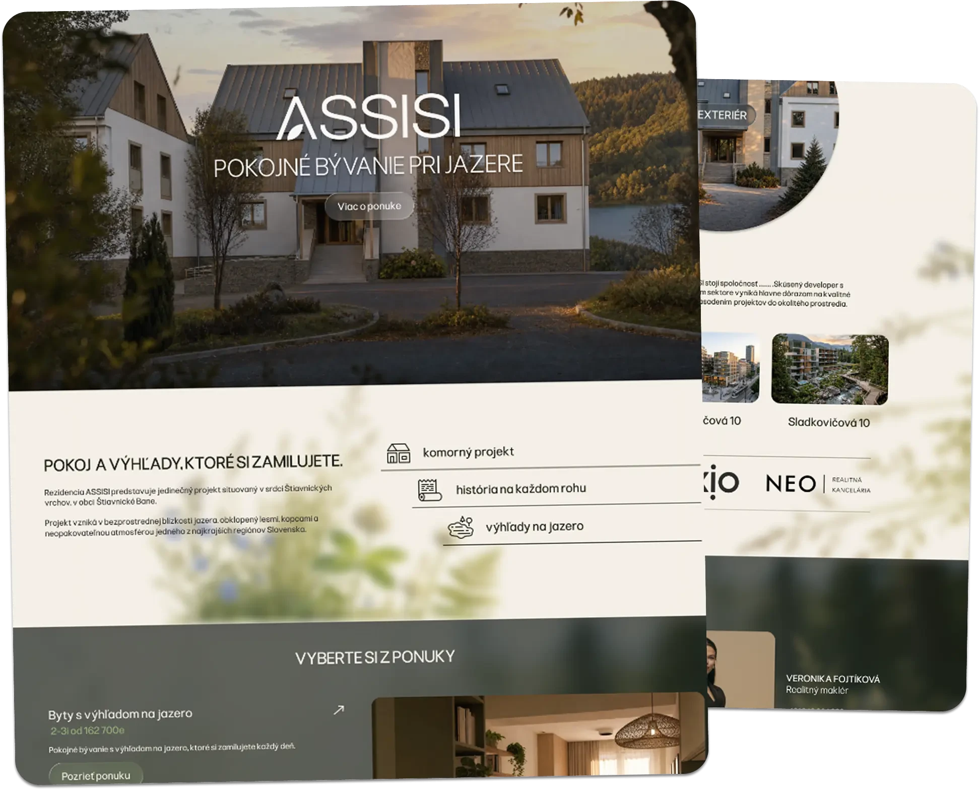 Podstránky dizajnu webu ASSISI — ponuka bytov s výhľadom na jazero, predstavenie developera a kontakt na realitného makléra