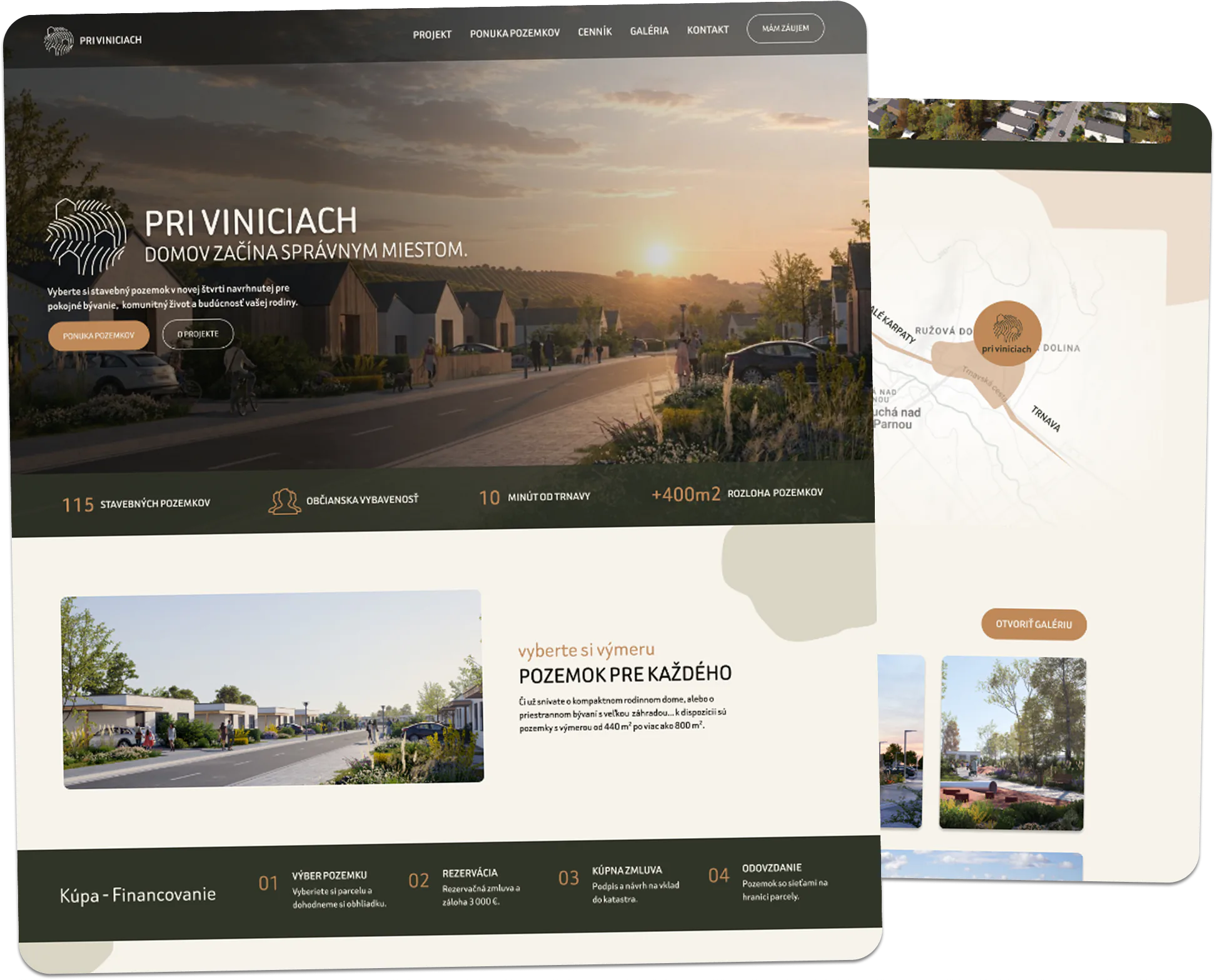 Podstránky dizajnu webu Pri Viniciach — mapa lokality pri Trnave, galéria vizualizácií a kroky kúpy pozemku od výberu parcely po odovzdanie