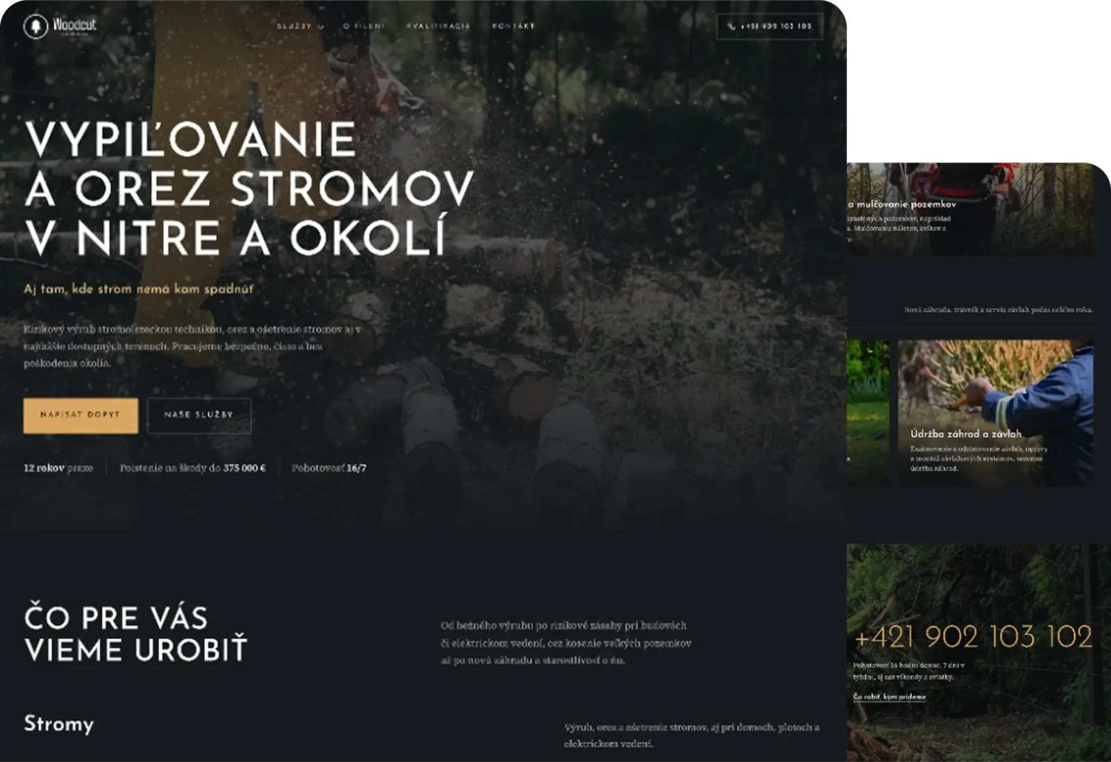 Prezentačný web woodcut.sk pre arboristov z Nitry — tmavý dizajn úvodnej stránky so sekciou služieb