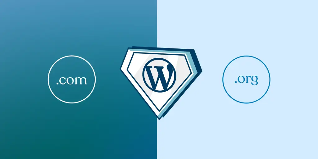 Porovnanie WordPress.org a WordPress.com - logo WordPress v strede ako superhrdina, na ľavej strane .com na tmavom pozadí a na pravej strane .org na svetlom pozadí